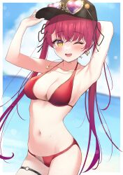 Rule 34 | 1girl, absurdres, armpits, baseball cap, bikini, black hat, black ribbon, blush, breasts, cleavage, collarbone, earrings, hair ribbon, halterneck, hat, heart, heart-shaped eyewear, heart earrings, heart necklace, highres, hololive, houshou marine, houshou marine (summer), jewelry, large breasts, long hair, looking at viewer, midriff, mugino0515, navel, necklace, o-ring, o-ring thigh strap, one eye closed, red bikini, red hair, ribbon, smile, solo, string bikini, sunglasses, swimsuit, teeth, thigh strap, thighs, twintails, upper teeth only, virtual youtuber, yellow eyes