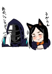 Rule 34 | 1boy, 1girl, animal ears, arknights, black hair, blue jacket, blush, closed eyes, closed mouth, commentary request, crossed arms, crying, dobermann (arknights), doctor (arknights), dog ears, dog girl, hamaguri-san (hamagur69200744), handkerchief, head tilt, highres, holding, holding handkerchief, hood, hood up, hooded jacket, jacket, long hair, mask, simple background, tears, text background, translation request, white background, wiping tears
