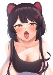 Rule 34 | 1girl, animal ears, bare shoulders, black hair, blush, breasts, cleavage, collarbone, dog ears, dog girl, dog hair ornament, drooling, from above, hair ornament, half-closed eyes, heterochromia, highres, inui toko, large breasts, long hair, looking at viewer, nijisanji, open mouth, red eyes, saliva, saliva trail, shirayuiii, simple background, solo, sweat, teeth, tongue, tongue out, upper teeth only, virtual youtuber, white background, yellow eyes