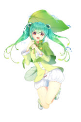 Rule 34 | 10s, 1girl, 2016, :d, alternate eye color, ankle boots, aqua hair, bloomers, blush, boots, breasts, buttons, capelet, dated, eyebrows, eyelashes, full body, gradient hair, green footwear, green hair, hair ornament, hatsune miku, headphones, highres, holding, holding leaf, horizontal pupils, jumping, leaf, leaf umbrella, long hair, long sleeves, looking at viewer, multicolored hair, open mouth, orb, p.p (operson nangko), red eyes, rubber boots, shorts, signature, simple background, small breasts, smile, solo, thigh gap, twintails, underwear, very long hair, vocaloid, water drop, wet, white background, white shorts