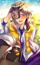 Rule 34 | 1boy, :d, absurdres, arven (pokemon), asada sadao, blush, brown hair, closed eyes, collared shirt, creatures (company), day, eyelashes, falling petals, game freak, grass, hand up, head wreath, highres, light rays, long hair, mabosstiff, male focus, necktie, nintendo, open clothes, open mouth, open vest, outdoors, pants, petals, pokemon, pokemon (creature), pokemon sv, purple necktie, purple pants, shirt, sitting, smile, teeth, vest, yellow vest