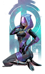 Rule 34 | 1girl, 2022, alien, ass, black bodysuit, bodysuit, breasts, commentary, commission, english commentary, fewer digits, from side, hand on own hip, highres, hood, hood pull, hood up, hooded bodysuit, looking at viewer, mass effect (series), mass effect 3, medium breasts, quarian, seiza, signature, sitting, skin tight, solo, tali&#039;zorah, twisted torso, twitter username, vontvirus