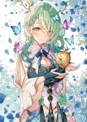Rule 34 | 1girl, antlers, apple, braid, braided bangs, breasts, bug, butterfly, ceres fauna, floral background, food, fruit, golden apple, green hair, hair ornament, highres, hololive, hololive english, horns, insect, large breasts, long sleeves, minausa, single braid, solo, virtual youtuber, yellow eyes