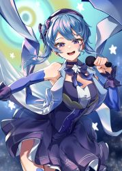 Rule 34 | 1girl, absurdres, asymmetrical hair, bare shoulders, blue hair, blue nails, blue sleeves, bow, choker, detached sleeves, dress, gawuiiiaguiii, hair between eyes, highres, holding, holding microphone, hololive, hoshimachi suisei, hoshimachi suisei (old design), leaning forward, long hair, long sleeves, looking at viewer, microphone, music, nail polish, open clothes, open mouth, open vest, petticoat, purple bow, purple choker, purple dress, purple eyes, purple headwear, singing, smile, solo, star (sky), star (symbol), star in eye, symbol in eye, vest, virtual youtuber, white bow, white vest