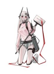 Rule 34 | 1girl, alternate costume, arknights, backpack, bag, belt, character name, demon, demon girl, earpiece, full body, hair ornament, hairclip, hammer, highres, holding, holding hammer, holding weapon, horns, infection monitor (arknights), knee pads, kneehighs, kneeling, long hair, long sleeves, looking at viewer, microphone, miniskirt, mudrock (arknights), pink sweater, pleated skirt, pointy ears, pouch, radio antenna, red eyes, shoes, signature, simple background, skirt, sledgehammer, sneakers, socks, solo, sweater, thigh pouch, thigh strap, thighs, vladislav ton, walkie-talkie, weapon, white background, white footwear, white hair, white skirt, white socks, wire