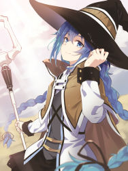 Rule 34 | 1girl, asutora, black hat, blue eyes, blue hair, braid, brown cape, cape, closed mouth, commentary, hair between eyes, hat, holding, holding staff, long hair, long sleeves, looking at viewer, mushoku tensei, roxy migurdia, smile, solo, staff, twin braids, wet, wet clothes, witch hat