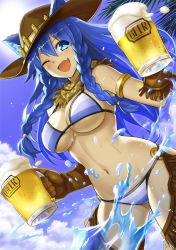 Rule 34 | 1girl, ;d, alcohol, animal ears, bad id, bad pixiv id, beer, beer mug, bikini, blue eyes, blue hair, braid, breasts, brown gloves, cartridge, chaps, cloud, cowboy hat, cowboy western, cup, day, dual wielding, dutch angle, fang, fringe trim, front braid, gloves, hair between eyes, hair over shoulder, hat, holding, kyo-hei (kyouhei), large breasts, long hair, matching hair/eyes, mug, neckerchief, o-ring, o-ring bikini, one eye closed, open mouth, original, outdoors, sky, smile, solo, splashing, striped bikini, striped clothes, sunlight, swimsuit, twin braids, water, water drop