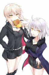 Rule 34 | 2girls, ahoge, artoria pendragon (all), artoria pendragon (fate), black dress, black jacket, black legwear, black ribbon, black shirt, black shorts, blonde hair, blue jacket, breasts, burger, can, cleavage, collarbone, commentary request, dress, eating, fate/apocrypha, fate/grand order, fate/stay night, fate (series), fingernails, food, fur-trimmed jacket, fur-trimmed sleeves, fur trim, hair between eyes, hair ribbon, hand in pocket, holding, holding can, holding food, hood, hood down, hooded jacket, hsiao, jacket, jeanne d&#039;arc (fate), jeanne d&#039;arc alter (fate), jeanne d&#039;arc alter (ver. shinjuku 1999) (fate), jewelry, long hair, long sleeves, medium breasts, multiple girls, official alternate costume, open clothes, open jacket, parted lips, pendant, ribbon, saber alter, saber alter (ver. shinjuku 1999) (fate), shirt, short shorts, shorts, silver hair, simple background, thighhighs, white background, wicked dragon witch ver. shinjuku 1999, yellow eyes