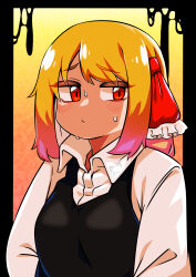 Rule 34 | 1girl, black vest, blonde hair, blush, breasts, closed mouth, collared shirt, commentary request, dripping, gradient background, hair ribbon, highres, kurodani yamame, long sleeves, looking at viewer, medium breasts, medium hair, orange background, red eyes, red ribbon, ribbon, rinyamame, rumia, shirt, solo, sweat, touhou, upper body, vest, white shirt, yellow background