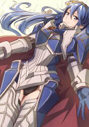 Rule 34 | 1girl, absurdres, armor, black leotard, blue eyes, blue gloves, blue hair, breastplate, cape, closed mouth, fire emblem, fire emblem awakening, fire emblem heroes, flower, gloves, great knight (fire emblem awakening), hair between eyes, highres, leg armor, leotard, long hair, looking at viewer, lucina (fate&#039;s resolve) (fire emblem), lucina (fire emblem), nintendo, official alternate costume, shoulder armor, smile, solo, symbol in eye, to (tototo tk)