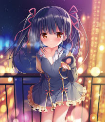 Rule 34 | 1girl, blue dress, blue hair, blurry, blurry background, blush, brown eyes, collarbone, collared shirt, commentary request, depth of field, dress, dress shirt, hair ribbon, hand up, highres, long hair, long sleeves, looking at viewer, night, night sky, off shoulder, original, parted lips, pink ribbon, plaid, pleated dress, railing, ribbon, shirt, sky, sleeves past wrists, solo, sousouman, standing, star (sky), starry sky, twintails, white shirt