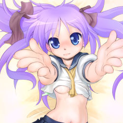 Rule 34 | 00s, 1girl, bad id, bad pixiv id, between breasts, blue eyes, breasts, clothes lift, collarbone, foreshortening, from above, hair ribbon, hiiragi kagami, incoming hug, lips, long hair, looking at viewer, lucky star, midriff, navel, neck ribbon, no bra, outstretched arms, outstretched hand, pleated skirt, pov, purple hair, reaching, reaching towards viewer, ribbon, school uniform, serafuku, shirt lift, skirt, small breasts, smile, solo, takeda yukimura, tsurime, twintails, underboob, undone neck ribbon