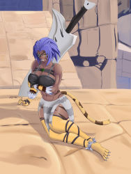 Rule 34 | 1girl, abs, breasts, chichishin, claws, cleavage, eyepatch, fangs, greatsword, highres, muscular, muscular female, navel, purple hair, shia kahn, slit pupils, sword, tail, tiger girl, tiger stripes, tiger tail, varvarion, weapon, yellow eyes