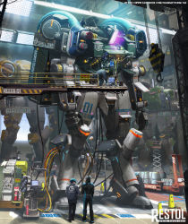 Rule 34 | 4boys, cable, changkyu kim, copyright name, english text, glowing, hangar, highres, machinery, mecha, mechanic, multiple boys, open hands, restol machine 1, restol machine 2, restol machine 5, restol special rescue squad, robot, solo focus