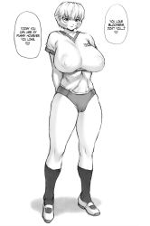 Rule 34 | 1girl, ayanami rei, blue hair, blush, breasts, buruma, cameltoe, cleft of venus, covered erect nipples, curvy, english text, full body, gym uniform, heart, highleg, highres, huge breasts, mogudan, monochrome, neon genesis evangelion, shoes, short hair, simple background, solo, standing, text focus, translated, uwabaki, white background, wide hips