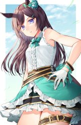 Rule 34 | 1girl, absurdres, animal ears, armpits, belt, bow, breasts, brown hair, character request, cowboy shot, dress, frills, from below, gloves, green bow, hair bow, hair ornament, highres, horse ears, kaede (mmkeyy), long hair, looking at viewer, purple eyes, skirt, sleeveless, small breasts, solo, umamusume, white gloves