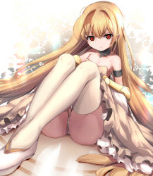 Rule 34 | 1girl, arm strap, arm support, blonde hair, breasts, choker, crossed legs, dress, expressionless, eyebrows, eyes visible through hair, frilled dress, frills, gradient background, hair between eyes, highres, jitome, legs, light rays, long hair, long legs, looking at viewer, magukappu, nose, off shoulder, original, panties, pantyshot, red eyes, shoes, sitting, small breasts, solo, thighhighs, thighs, underwear, very long hair, white footwear, white panties, white thighhighs