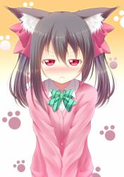Rule 34 | &gt;:&lt;, 10s, 1girl, :&lt;, animal ears, black hair, blush, bow, cardigan, cat ears, closed mouth, gggrande, gradient background, gurande (g-size), hair bow, highres, looking at viewer, love live!, love live! school idol project, paw print, red eyes, school uniform, solo, twintails, v-shaped eyebrows, yazawa nico