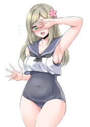 Rule 34 | 1girl, blonde hair, blue one-piece swimsuit, blue sailor collar, blush, breasts, cleavage, cosplay, covered navel, covering privates, covering face, covering own eyes, flower, flying sweatdrops, glasses, green eyes, hair flower, hair ornament, highres, kantai collection, katori (kancolle), large breasts, long hair, one-piece swimsuit, open mouth, pink flower, ro-500 (kancolle), ro-500 (kancolle) (cosplay), sailor collar, school swimsuit, sideboob, simple background, solo, sweat, swimsuit, swimsuit under clothes, takomeshi, white background