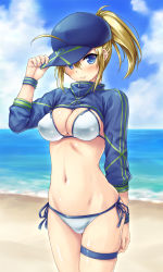 Rule 34 | 1girl, 2-g, ahoge, artoria pendragon (fate), baseball cap, beach, bikini, blue eyes, blue hat, closed mouth, cloud, cowboy shot, day, fate/grand order, fate (series), hat, looking at viewer, mysterious heroine x (fate), mysterious heroine xx (fate), ponytail, shrug (clothing), sky, solo, standing, swimsuit, thighlet, water, white bikini