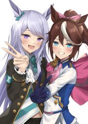 Rule 34 | 2girls, :d, animal ears, ascot, blue eyes, blue gloves, blush, bow, clenched teeth, ear ribbon, gloves, green ribbon, hair ribbon, highres, horse ears, horse girl, long hair, looking at viewer, mejiro mcqueen (umamusume), multicolored hair, multiple girls, open mouth, pink ascot, pink ribbon, purple eyes, ribbon, simple background, smile, streaked hair, teeth, tokai teio (umamusume), umamusume, v, white background, white hair, yuyuenimo