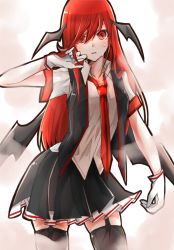 Rule 34 | 1girl, bad id, bad pixiv id, bat wings, black skirt, black thighhighs, black vest, commentary request, cowboy shot, garter straps, gloves, head wings, highres, koakuma, layered skirt, long hair, looking at viewer, loose necktie, necktie, parted lips, pleated skirt, red eyes, red hair, red necktie, shibi (asagi nezumi), shirt, short sleeves, sidelocks, skindentation, skirt, solo, sweat, thighhighs, touhou, vest, white gloves, white shirt, wings