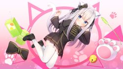 Rule 34 | 1girl, absurdres, animal ear fluff, animal ears, bell, black bow, black dress, black footwear, blue eyes, blush, bow, cat ears, cat tail, child, commentary request, copyright request, dress, drinking straw, highres, long sleeves, looking at viewer, mashiro yuyu, nari (narikashi), paw print, pink background, shoes, silver hair, skindentation, solo, tail, thighhighs, virtual youtuber, wactor production, white thighhighs
