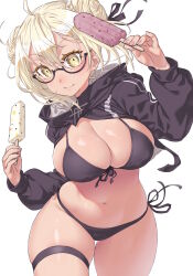 1girl ahoge bikini black_bikini black_jacket blonde_hair blush braid breasts cleavage cropped_jacket double_bun fate/grand_order fate_(series) food glasses hair_bun highres jacket large_breasts long_sleeves looking_at_viewer medium_hair mysterious_heroine_xx_alter_(fate) navel onsoku_inu popsicle shrug_(clothing) sidelocks solo swimsuit thick_thighs thigh_strap thighs yellow_eyes