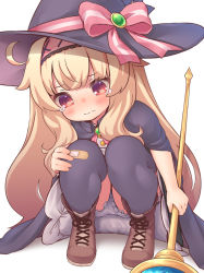 Rule 34 | 1girl, bad id, bad twitter id, bandaid, bandaid on clothes, bandaid on knee, bandaid on leg, blonde hair, bloomers, boots, bow, cape, hairband, hat, hat bow, kupuru (hirumamiyuu), little witch nobeta, long hair, nobeta, red eyes, solo, squatting, staff, tears, underwear, very long hair, witch, witch hat