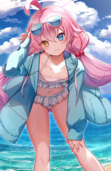 Rule 34 | 1girl, :3, ahoge, beach, bikini, bikini skirt, blue archive, blue eyes, blue jacket, closed mouth, collarbone, day, drawstring, eyewear on head, frilled bikini, frills, hair bobbles, hair ornament, halo, hand on own knee, hand up, heterochromia, highres, hoshino (blue archive), hoshino (swimsuit) (blue archive), jacket, leaning forward, long hair, long sleeves, looking at viewer, low twintails, midriff, navel, open clothes, open jacket, outdoors, pink hair, smile, solo, stomach, string bikini, sunglasses, swimsuit, thighs, twintails, very long hair, white-framed eyewear, white bikini, yellow eyes, yu ni t