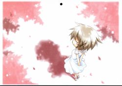 Rule 34 | 00s, 1girl, aoki ume, blush, breasts, brown hair, cherry blossoms, closed eyes, closed mouth, dress, hidamari sketch, highres, medium breasts, official art, outdoors, scan, scan artifacts, shoes, smile, solo, standing, standing on one leg, white dress, yuno (hidamari sketch)
