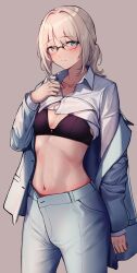 Rule 34 | 1girl, 3 small spiders, absurdres, an-94 (antje) (girls&#039; frontline), an-94 (girls&#039; frontline), aqua eyes, aqua jacket, aqua pants, black bra, blonde hair, blue suit, blush, bra, breasts, business suit, closed mouth, clothes lift, collared shirt, cowboy shot, formal, girls&#039; frontline, glasses, grey background, highres, jacket, long hair, looking at viewer, low-tied long hair, navel, pants, shirt, shirt lift, small breasts, solo, stomach, suit, underwear, white shirt