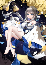 Rule 34 | 1girl, bare shoulders, barefoot, bell, black shorts, blue eyes, commentary request, detached sleeves, dress, falling leaves, feet, full body, genshin impact, grey hair, guizhong (genshin impact), highres, leaf, long hair, looking at viewer, nail polish, night, night sky, outdoors, parted lips, shorts, signature, sky, sleeves past fingers, sleeves past wrists, solo, star (sky), starry sky, tassel, toenail polish, toenails, very long hair, white dress, white sleeves, wide sleeves, yu e baba