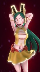 Rule 34 | 1girl, 3d, :d, animated, arms behind head, audible music, belt, boku no hero academia, breasts, dancing, greatm8, green hair, headgear, highres, large breasts, long hair, looking at viewer, midriff, music, navel, neck bell, open mouth, ragdoll (boku no hero academia), skirt, smile, solo, sound, stomach, tail, utility belt, video, yellow eyes
