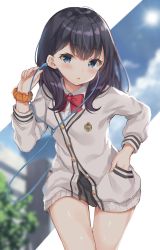 Rule 34 | 10s, 1girl, :o, black hair, black skirt, blue eyes, blue sky, blurry, blurry background, blush, bow, bowtie, buttons, cardigan, cowboy shot, day, earphones, gridman universe, hand in pocket, highres, leaning forward, long hair, long sleeves, looking at viewer, miniskirt, open mouth, orange scrunchie, pleated skirt, red bow, red bowtie, school uniform, scrunchie, shiromikan, shirt, skirt, sky, solo, ssss.gridman, sun, takarada rikka, thigh gap, thighs, tree, white cardigan, white shirt, wrist scrunchie