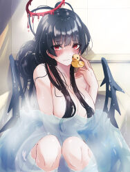 Rule 34 | 1girl, antenna hair, bathing, bathtub, black hair, black wings, blue archive, blush, breasts, closed mouth, completely nude, hair censor, hair over breasts, halo, highres, komena (shinyday312), large breasts, long hair, looking at viewer, melting halo, nude, red eyes, red halo, rubber duck, solo, tsurugi (blue archive), water, wings