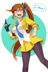 Rule 34 | 1girl, absurdres, ace attorney, aqua background, artist name, athena cykes, black pantyhose, blue eyes, blue hairband, blue necktie, blue ribbon, blush, breasts, brown hair, collarbone, collared shirt, crescent, crescent earrings, cropped jacket, dutch angle, earrings, english text, female focus, galois, gloves, hair between eyes, hair ribbon, hairband, happy, highres, index finger raised, jacket, jewelry, long hair, long sleeves, looking at viewer, medium breasts, miniskirt, multicolored clothes, multicolored gloves, necklace, necktie, open clothes, open jacket, open mouth, pantyhose, partially fingerless gloves, phoenix wright: ace attorney - dual destinies, pleated skirt, pocket, ribbon, shirt, side ponytail, sidelocks, signature, simple background, single earring, single glove, skirt, smile, solo, speech bubble, standing, swept bangs, talking, teeth, two-tone background, v-shaped eyebrows, very long hair, white shirt, yellow jacket, yellow skirt
