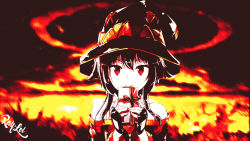 Rule 34 | 10s, 1girl, bare shoulders, black gloves, button eyes, buttons, closed mouth, collarbone, dress, explosion, fingerless gloves, gift, gloves, hair between eyes, hat, holding, holding gift, kono subarashii sekai ni shukufuku wo!, limited palette, long sleeves, megumin, off-shoulder dress, off shoulder, red eyes, ribbon, self-upload, short hair with long locks, sidelocks, smile, solo, third-party edit, upper body, wallpaper, witch hat