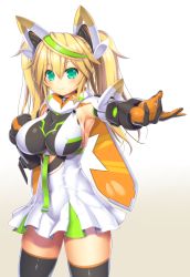 Rule 34 | 1girl, aqua eyes, asamura hiori, bare shoulders, blonde hair, blush, breasts, cleavage, elbow gloves, female focus, gen&eacute; (pso2), gene (pso2), gloves, green hair, hair between eyes, highres, large breasts, long hair, looking at viewer, multicolored hair, outstretched arm, phantasy star, phantasy star online 2, smile, solo, thighhighs, twintails