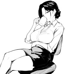 Rule 34 | 1girl, arm under breasts, breasts, chair, cleavage, closed eyes, collared shirt, commentary request, crossed legs, cup, dress shirt, feet out of frame, greyscale, hair bun, highres, holding, holding cup, kekemotsu, large breasts, monochrome, mug, office chair, on chair, original, parted bangs, pencil skirt, shirt, simple background, sitting, skirt, solo, swivel chair, white background