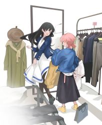 Rule 34 | 2girls, ahoge, bag, black hair, black skirt, blue jacket, clothes, clothes hanger, dress, fataaa, full-length mirror, hat, high tops, highres, jacket, koito yuu, loafers, long hair, long sleeves, looking at another, mirror, multiple girls, nanami touko, open clothes, open jacket, open mouth, pants, pink hair, shirt, shoes, shopping bag, short hair, short twintails, skirt, smile, sneakers, twintails, white dress, yagate kimi ni naru
