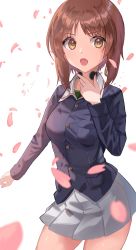 Rule 34 | 1girl, :o, absurdres, blue jacket, brown eyes, brown hair, cherry blossoms, commentary, cowboy shot, girls und panzer, green shirt, happy birthday, highres, jacket, lazurite (user 8870367), long sleeves, looking at viewer, looking to the side, nishizumi miho, ooarai military uniform, pleated skirt, shirt, short hair, skirt, solo, throat microphone, white skirt