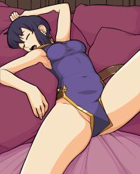Rule 34 | 1girl, bad source, bed, bed sheet, belt, black hair, breasts, closed eyes, commission, commissioner upload, convenient censoring, earrings, fire emblem, fire emblem: genealogy of the holy war, fumphole, highres, jewelry, larcei (fire emblem), lying, medium breasts, navel, nintendo, no panties, on back, on bed, open mouth, pillow, short hair, sleeping, solo, spread legs, thighs, tomboy, tunic