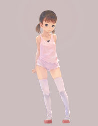 Rule 34 | 1girl, brown eyes, brown hair, child, flat chest, legs, lips, original, see-through, short hair, simple background, solo, thighhighs, weno
