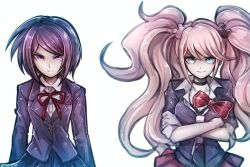 Rule 34 | 2girls, bear hair ornament, black choker, black necktie, black skirt, blonde hair, blue eyes, blush, bow, bowtie, breasts, choker, cleavage, closed mouth, crossed arms, danganronpa: trigger happy havoc, danganronpa (series), enoshima junko, eyelashes, freckles, hair ornament, ikusaba mukuro, jacket, large breasts, long hair, looking at viewer, medium breasts, medium hair, multicolored clothes, multicolored necktie, multiple girls, bowtie, neck ribbon, necktie, nose, pleated skirt, purple eyes, purple hair, purple jacket, red bow, red ribbon, red skirt, ribbon, riyuta, shiny clothes, shirt, siblings, simple background, sisters, skirt, sleeves rolled up, standing, twins, twintails, upper body, white background, white necktie, white shirt