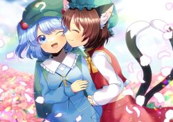 Rule 34 | 2girls, ;d, animal ears, backpack, bag, blue eyes, blue hair, blue shirt, blue skirt, blue sky, blurry, blurry background, bow, cabbie hat, cat ears, cat girl, cat tail, chen, closed mouth, cloud, cloudy sky, collared shirt, commentary request, day, depth of field, field, flower, flower field, frilled headwear, frilled shirt collar, frills, green headwear, hair bobbles, hair ornament, hat, kawashiro nitori, key, kou hiyoyo, long sleeves, mob cap, multiple girls, multiple tails, one eye closed, open mouth, outdoors, petals, pink flower, puffy long sleeves, puffy sleeves, red skirt, red vest, shirt, skirt, sky, smile, tail, touhou, two side up, two tails, vest, white shirt, yellow bow, yuri