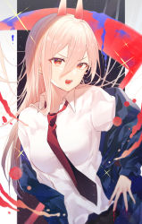 Rule 34 | 1girl, black jacket, black necktie, blonde hair, breasts, chainsaw man, collared shirt, commentary request, cross-shaped pupils, demon girl, demon horns, fangs, gyozanuko, hair between eyes, highres, horns, jacket, long hair, long sleeves, looking at viewer, necktie, off-shoulder jacket, off shoulder, open mouth, power (chainsaw man), red eyes, sharp teeth, shirt, solo, symbol-shaped pupils, teeth, white shirt