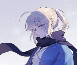 Rule 34 | 1girl, ahoge, black scarf, blonde hair, expressionless, fate/grand order, fate (series), grey background, haori, japanese clothes, looking at viewer, okita souji (fate), ponytail, portrait, scarf, sempon (doppio note), shinsengumi, sidelocks, simple background, snowflakes, solo, yellow eyes