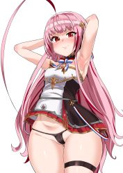 Rule 34 | 1girl, ahoge, armpits, arms behind head, artist name, azur lane, bare shoulders, black panties, blunt bangs, blush, bow, bowtie, breasts, closed mouth, dress, hair ornament, highres, kishin tatu, long hair, looking at viewer, panties, pink hair, red eyes, simple background, small breasts, smile, solo, thigh strap, thighs, underwear, vauquelin (azur lane), white background