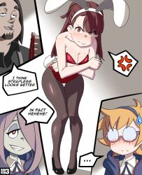 Rule 34 | !, ..., 10s, 1boy, 3girls, absurdres, angry, animal ears, artist name, bare arms, blush, breasts, brown hair, character request, cleavage, cloak, closed mouth, collarbone, collared shirt, crossed arms, danfer3, dark-skinned male, dark skin, embarrassed, english text, face, facial hair, fake animal ears, freckles, frown, full body, glasses, goatee, grin, hair over one eye, hairband, half-closed eyes, high heels, highres, kagari atsuko, leaning forward, legs, leotard, little witch academia, long hair, lotte jansson, medium breasts, multiple girls, open mouth, orange hair, pale skin, pantyhose, pink hair, playboy bunny, rabbit ears, rabbit tail, red eyes, sharp teeth, shiny skin, shirt, short hair, sidelocks, smile, smirk, speech bubble, spoken ellipsis, standing, strapless, strapless leotard, sucy manbavaran, sweatdrop, tail, teeth, text focus, thick eyebrows, thought bubble
